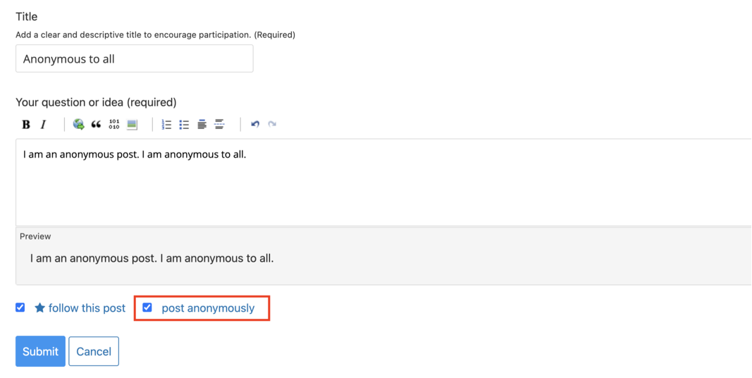 A screenshot of a learner posting an anonymous discussion forum message